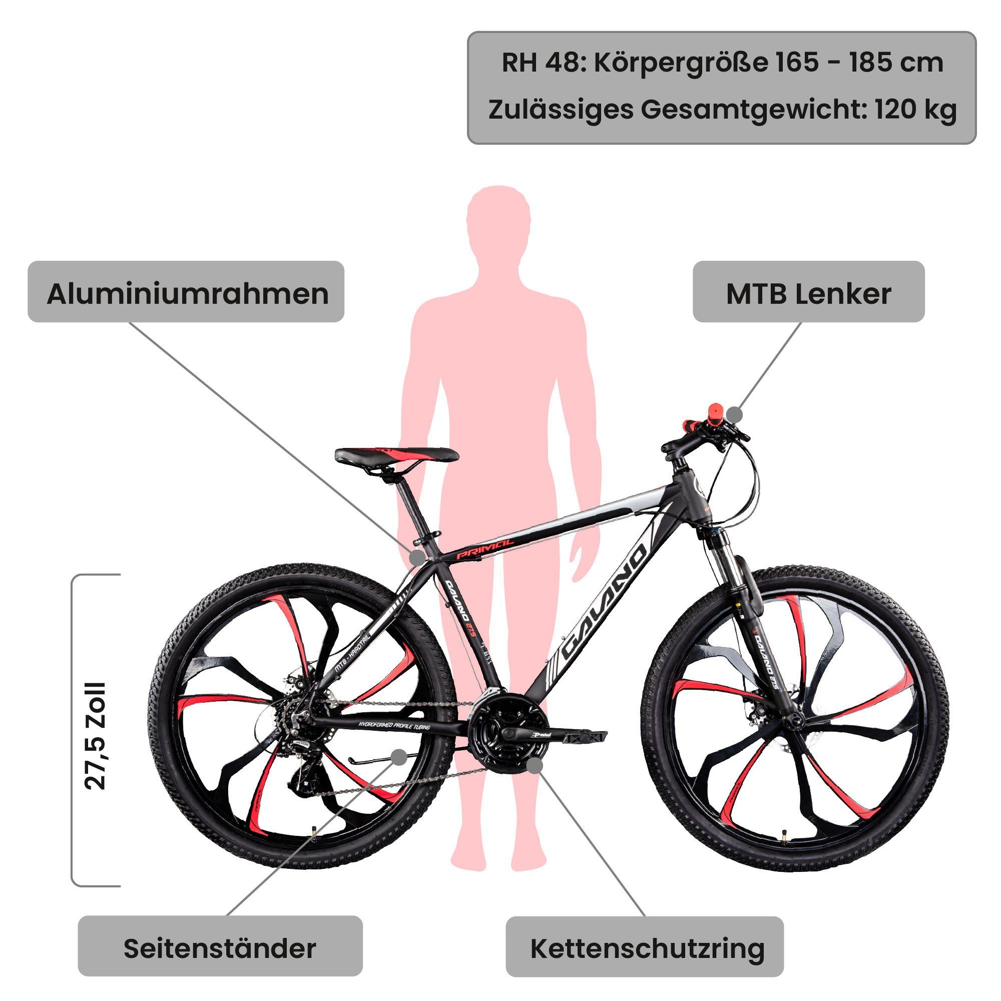 Galano Mountainbike Primal, 24 Gang, Kettenschaltung, Mountainbike Jugendliche und Erwachsene 165-185cm MTB Hardtail Fahrrad