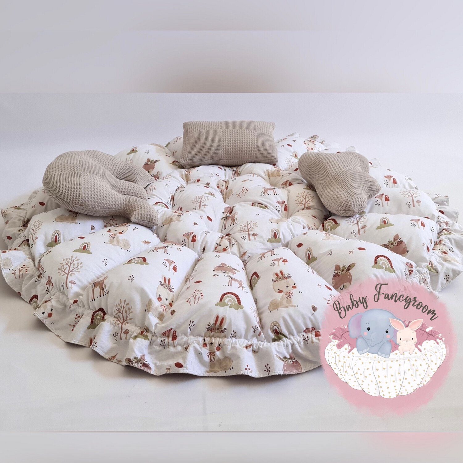 Baby Fancyroom Bettnestchen 2in1 Spielmatte Nestchen Babynestchen Babynest Kuschelnest, (4-tlg. Set mit 3 Motivkissen, dicke Spielmatte Krabbeldecke Spieldecke Kuschelnest), Handmade with Love