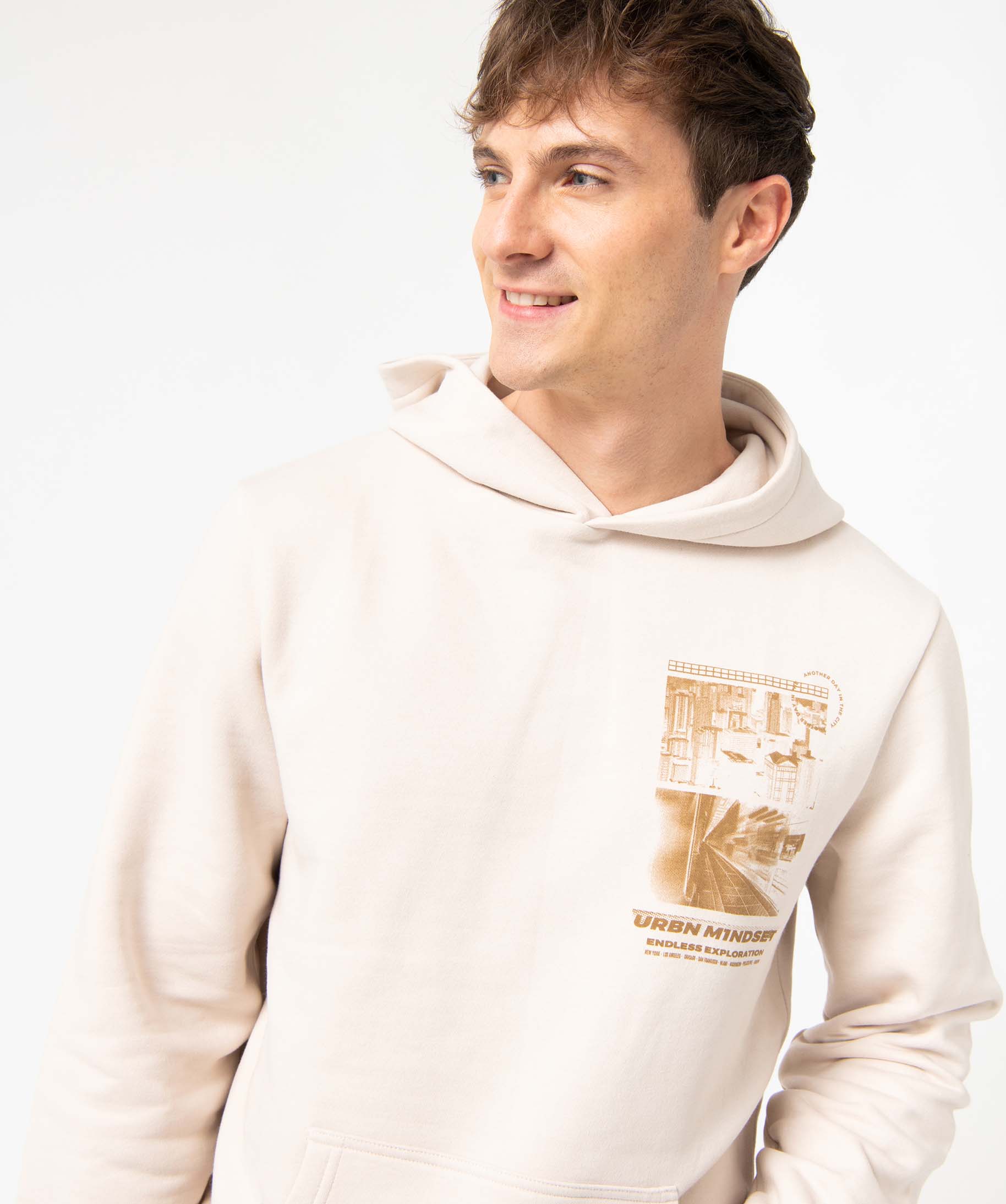 Sweat homme à capuche avec motif streetwear ecru | GEMO