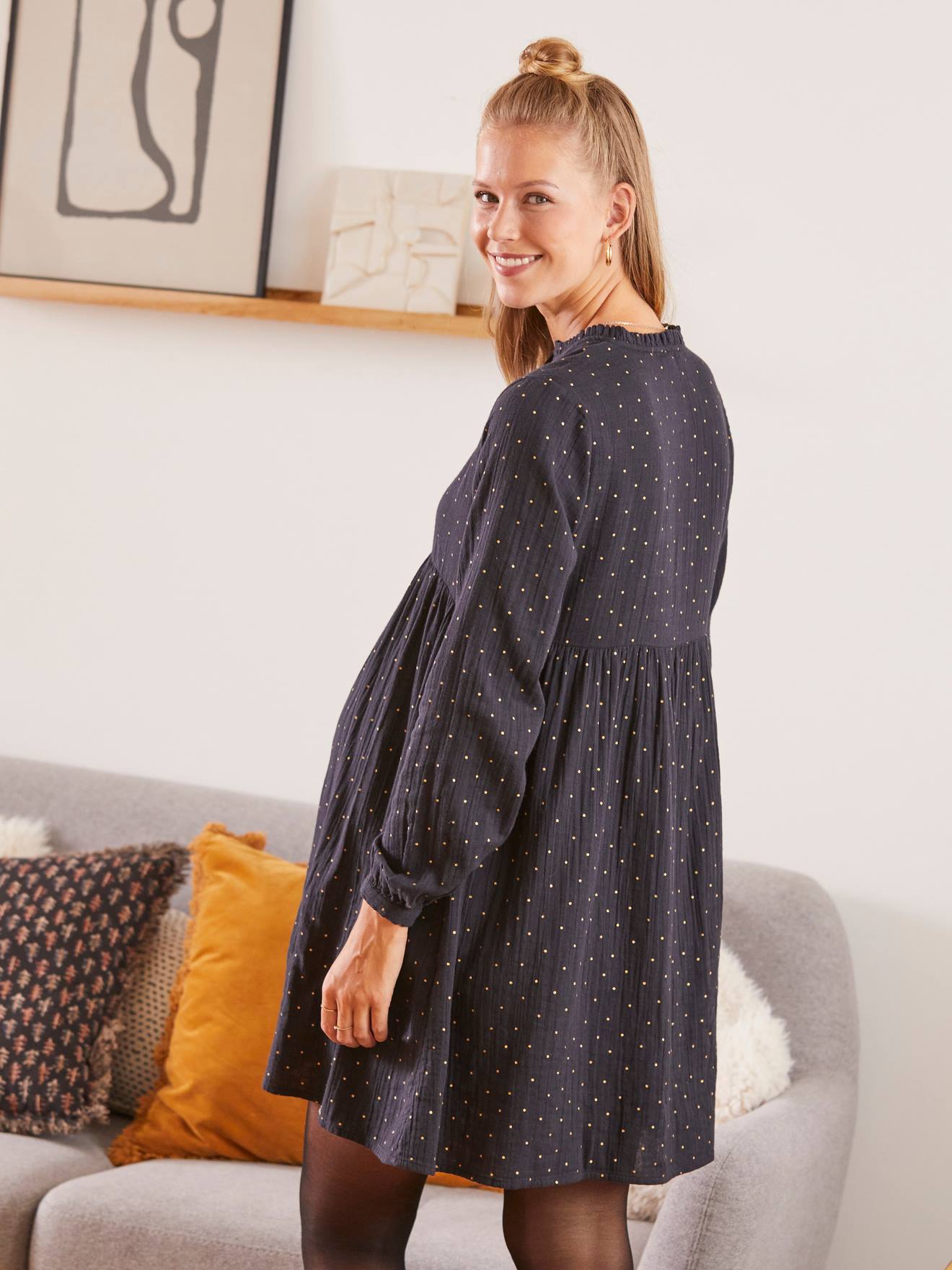 Vertbaudet Bedrucktes Kleid für Schwangerschaft & Stillzeit, Musselin - schwarz punkte