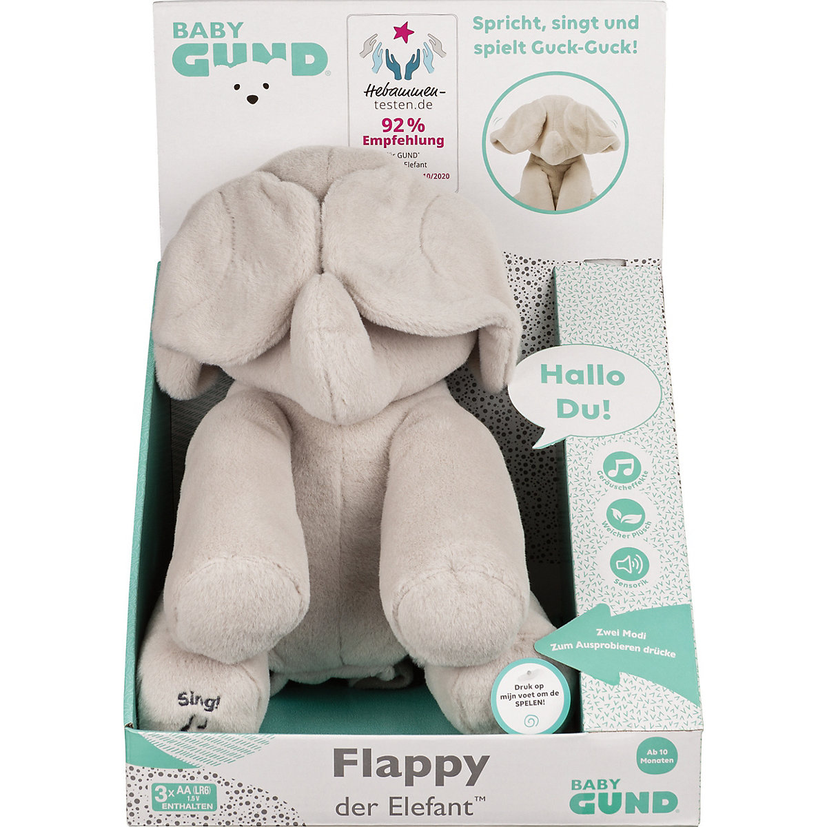 GUND Flappy, der singende und sprechende Elefant - spielt Guck-Guck mit den Ohren