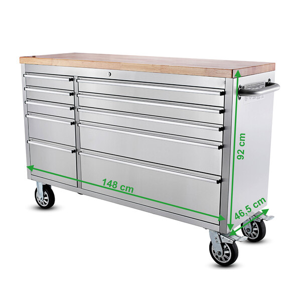 Edelstahl-Werkstattwagen, 10 Schubladen, 148 cm