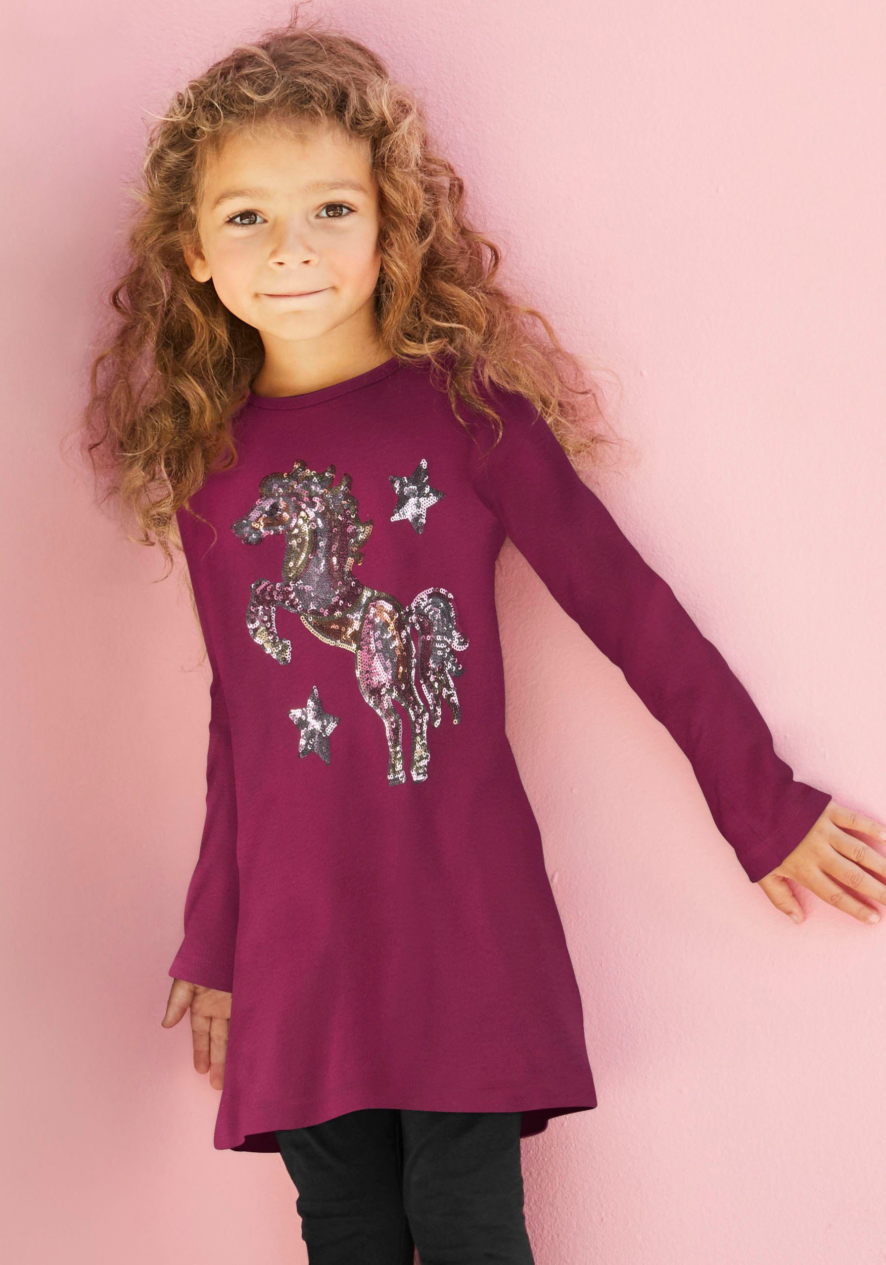 KIDSWORLD Langarmshirt PFERD in langer Form mit schönem Pferdemotiv aus Pailletten