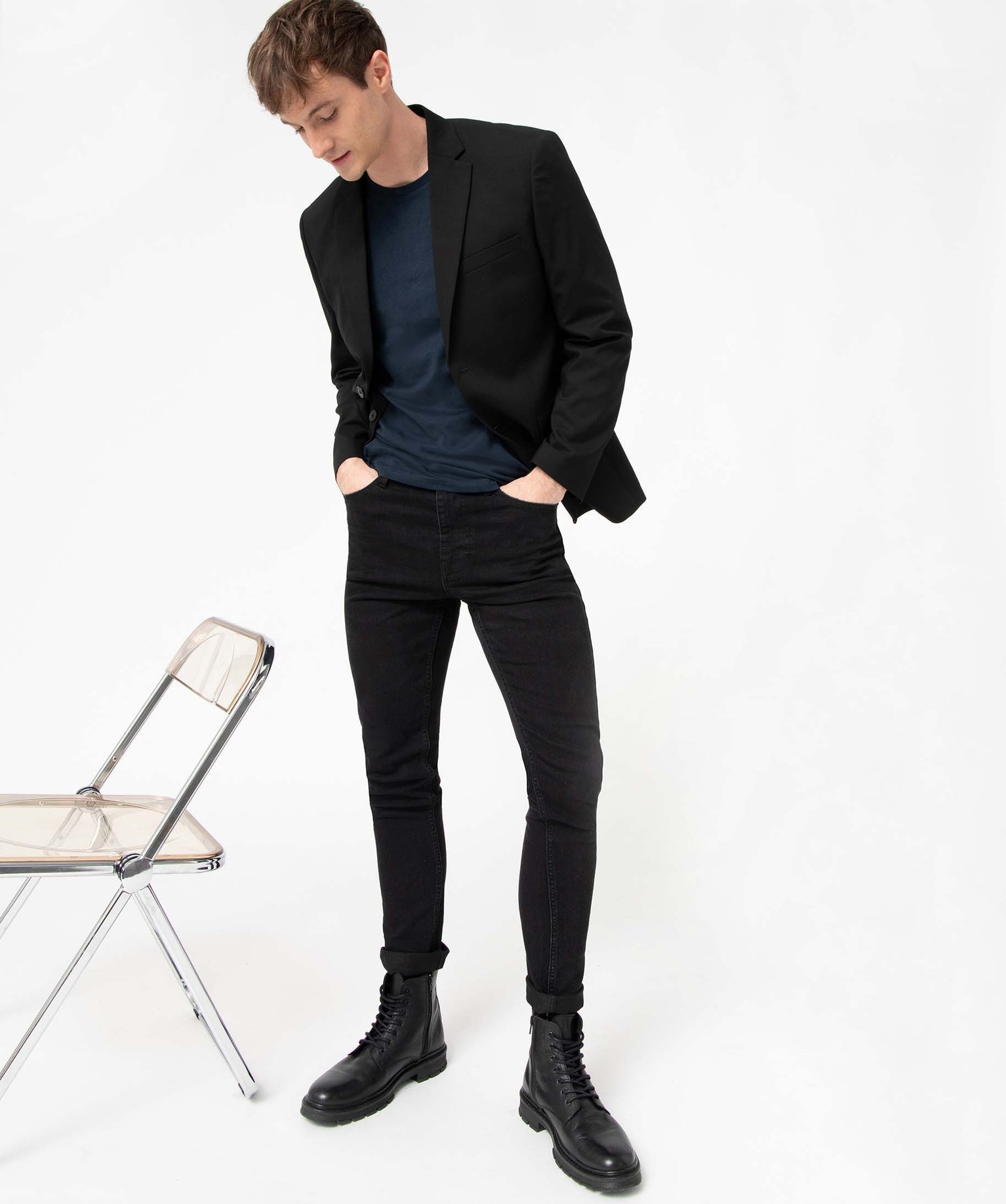 Jean homme skinny taille haute en coton stretch noir | GEMO