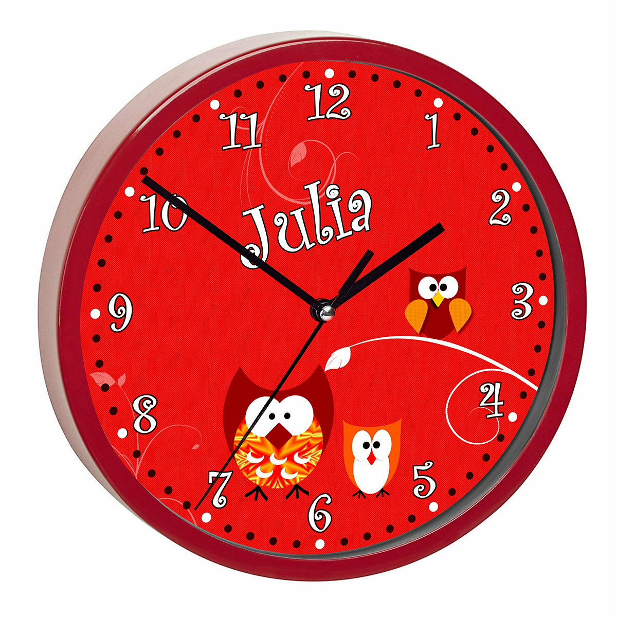 Kinder Wanduhr personalisiert mit Name Eule Rot