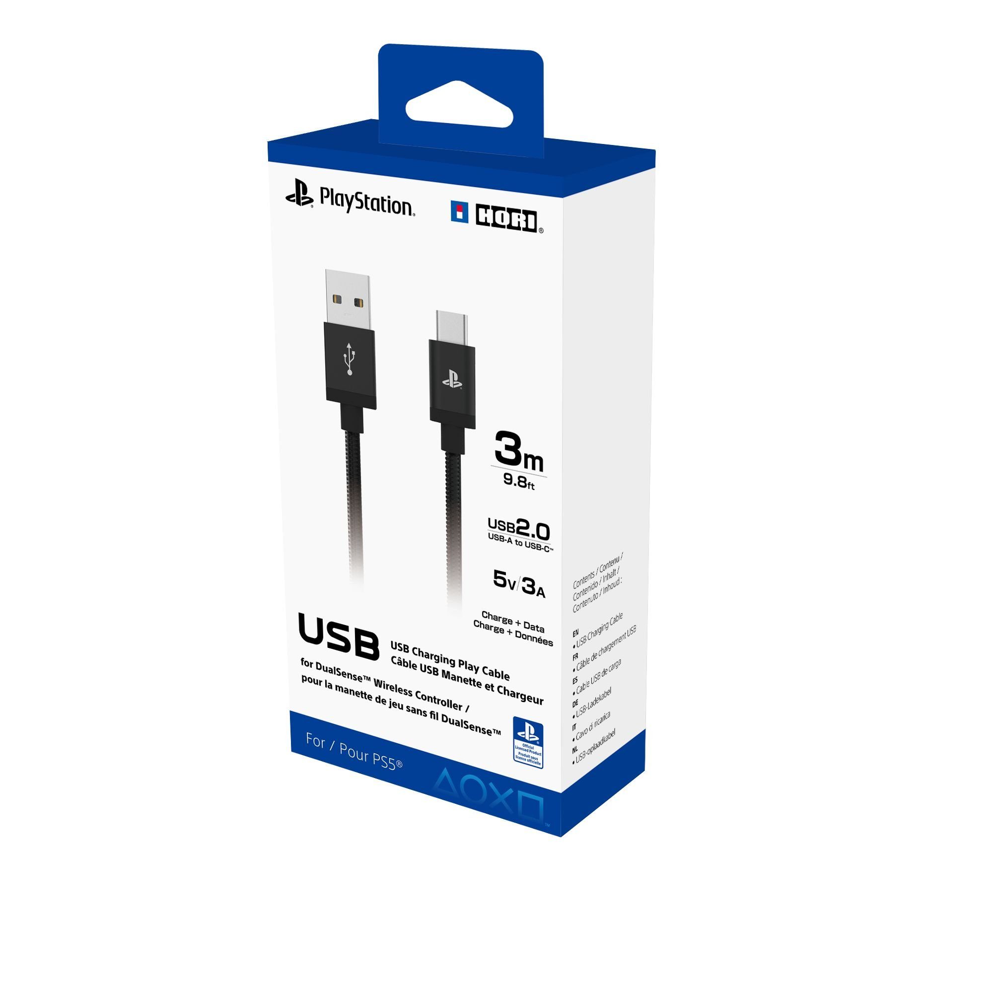 Hori Dual Sense Ladekabel für PS5 (3 Meter) USB-Kabel, USB-C, USB Typ A (300 cm), Offiziell lizenziert von Sony