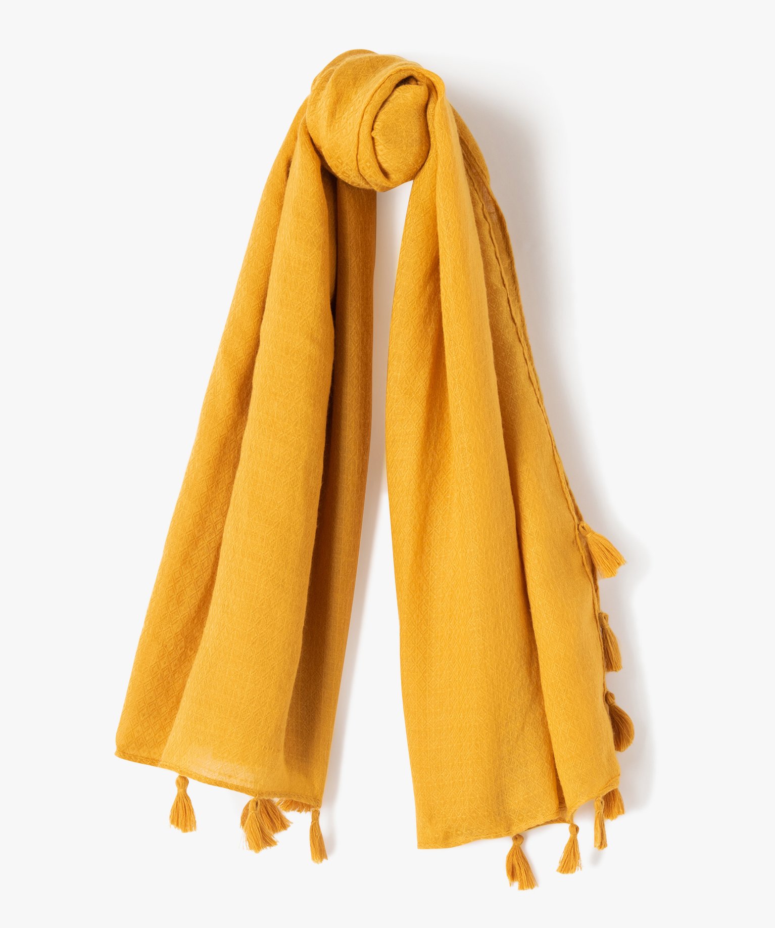 Foulard femme uni en maille texturée et finitions pompons jaune | GEMO