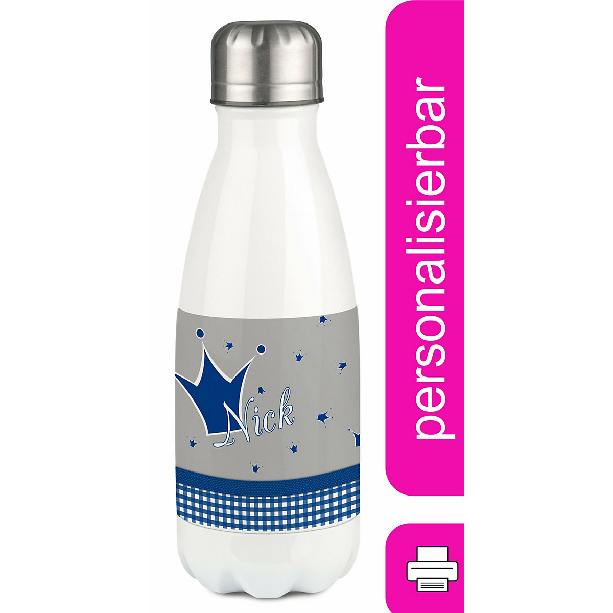 Edelstahl Kinder Thermoflasche / Trinkflasche bunt Krone Farbe blau grau Spülmaschinenfest, Auslaufsicher, Bruchfest, Doppelwandig, Für Heißgetränke geeignet, Mit Deckel, Isoliert