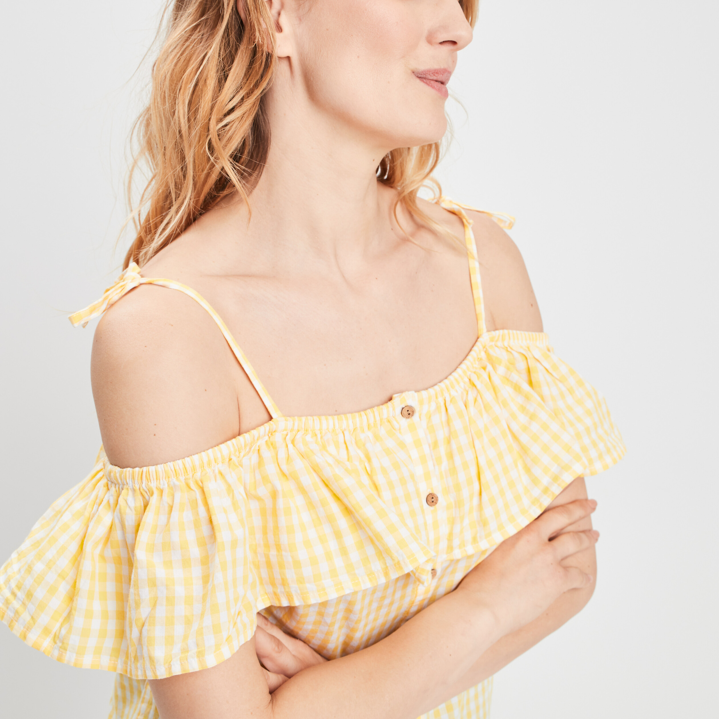 Chemise manches courtes col bardot jaune moutarde femme | La Halle