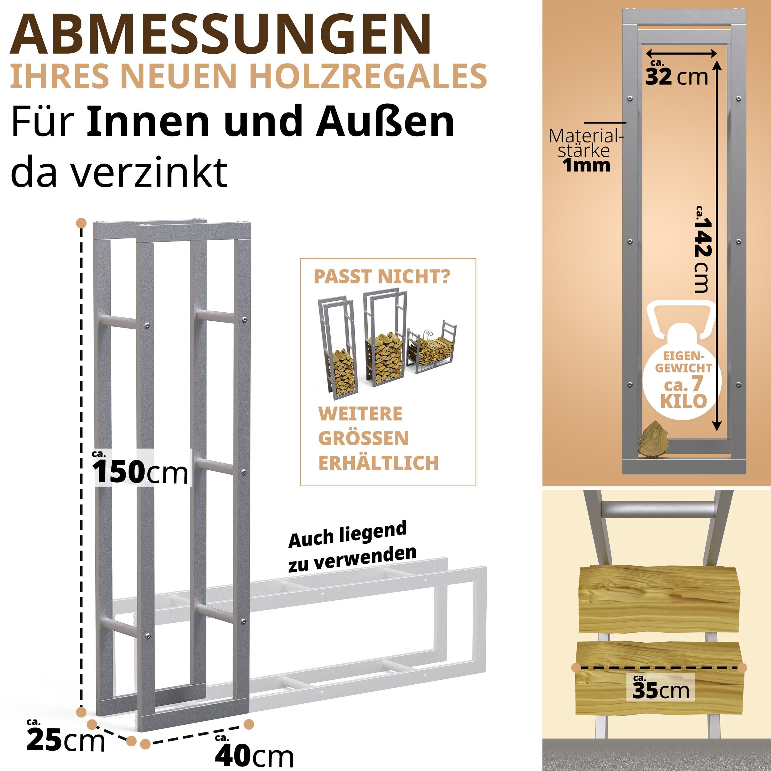 LAWA Living and Lifestyle Kaminholzregal Metall Feuerholzregal innen Kaminholzhalter Stapelhilfe Brennholz, BxTxH:40x25x150 cm, verzinkt / galvanisiert, pulverbeschichtet, stehend, liegend, SILBER