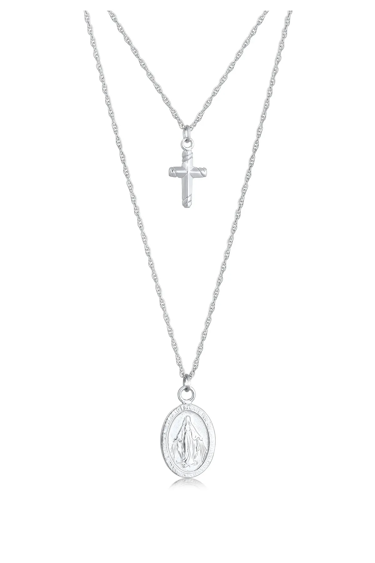 ELLI  Halskette Layering Kreuz Marienbild Zweireihig 925 Silber