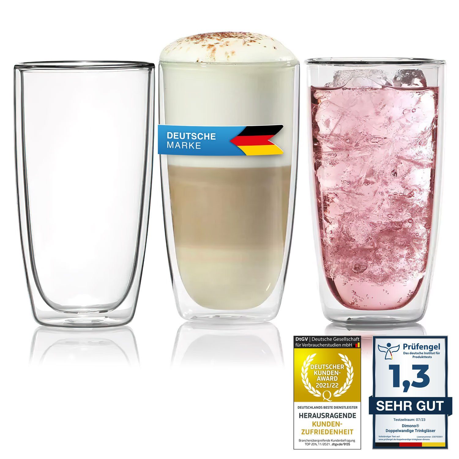 Dimono Latte-Macchiato-Tasse Doppelwandiges Trinkglas 450ml, Borosilikat-Glas, Wasser- Longdrink- & Cocktailgläser