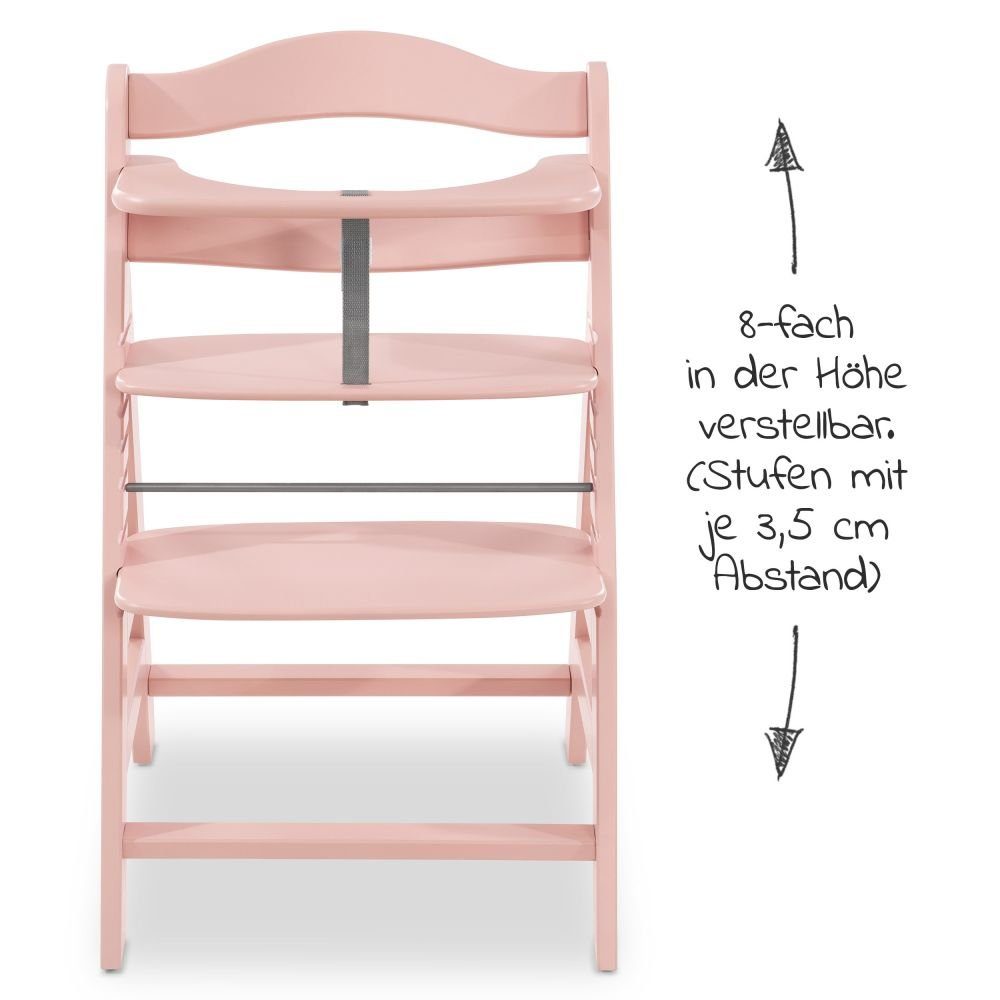 Hauck Hochstuhl Alpha Plus - Rose, Mitwachsender Holz Kinderhochstuhl verstellbar mit Schutzbügel & Gurt
