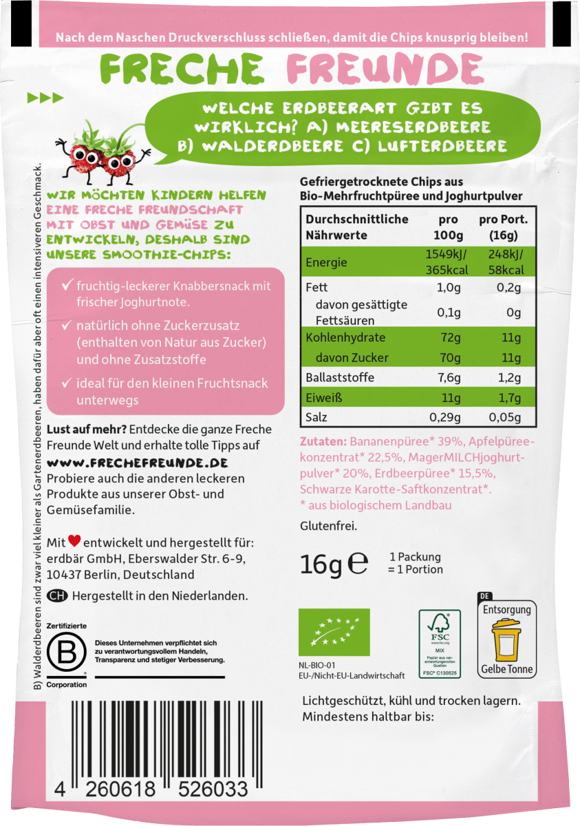 Kindersnack Smoothie-Chips Banane Apfel Erdbeere mit Joghurt, ab 3 Jahren, 16 g