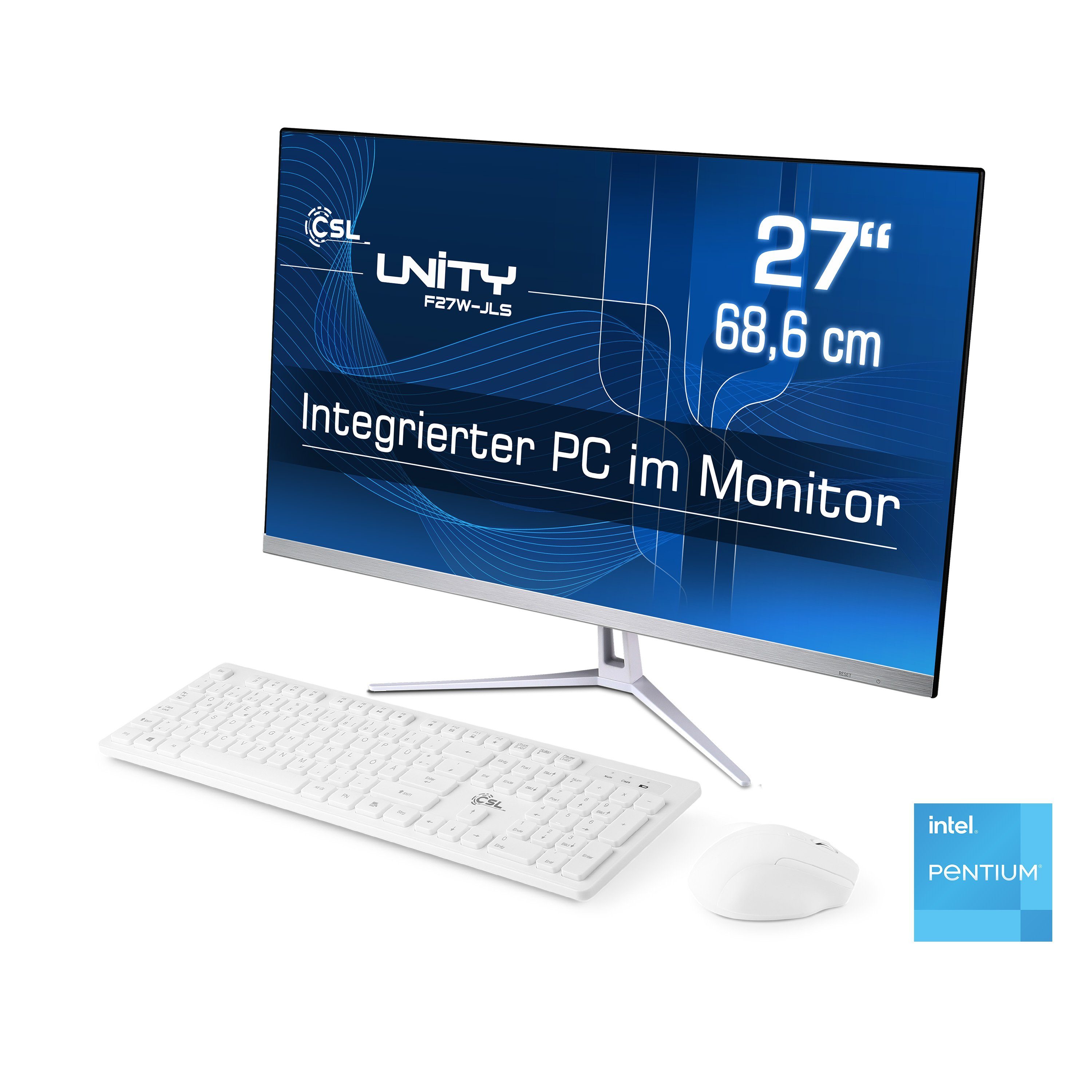 CSL Unity F27-JLS Pentium PC (27 Zoll, Intel® N6000, Intel® UHD Graphics, 8 GB RAM, 256 GB SSD, passiver CPU-Kühler)