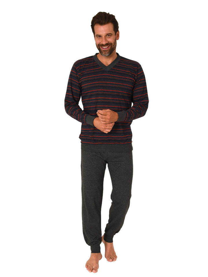 NORMANN langarm Schlafanzug Bündchen Pyjama Streifen - 83119 in dunkelgrau günstig kaufen