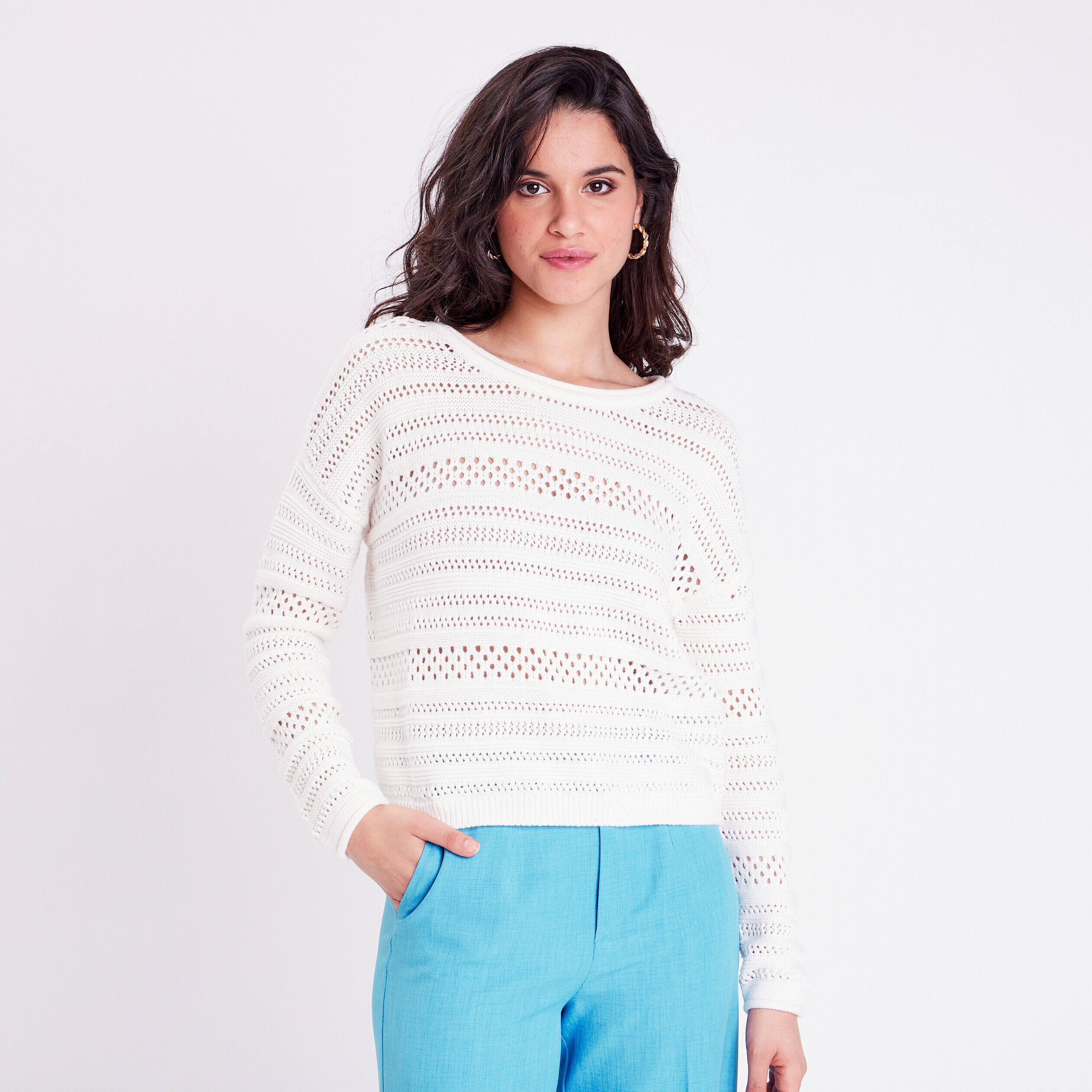 Pull ajouré manches longues ecru femme | Cache Cache