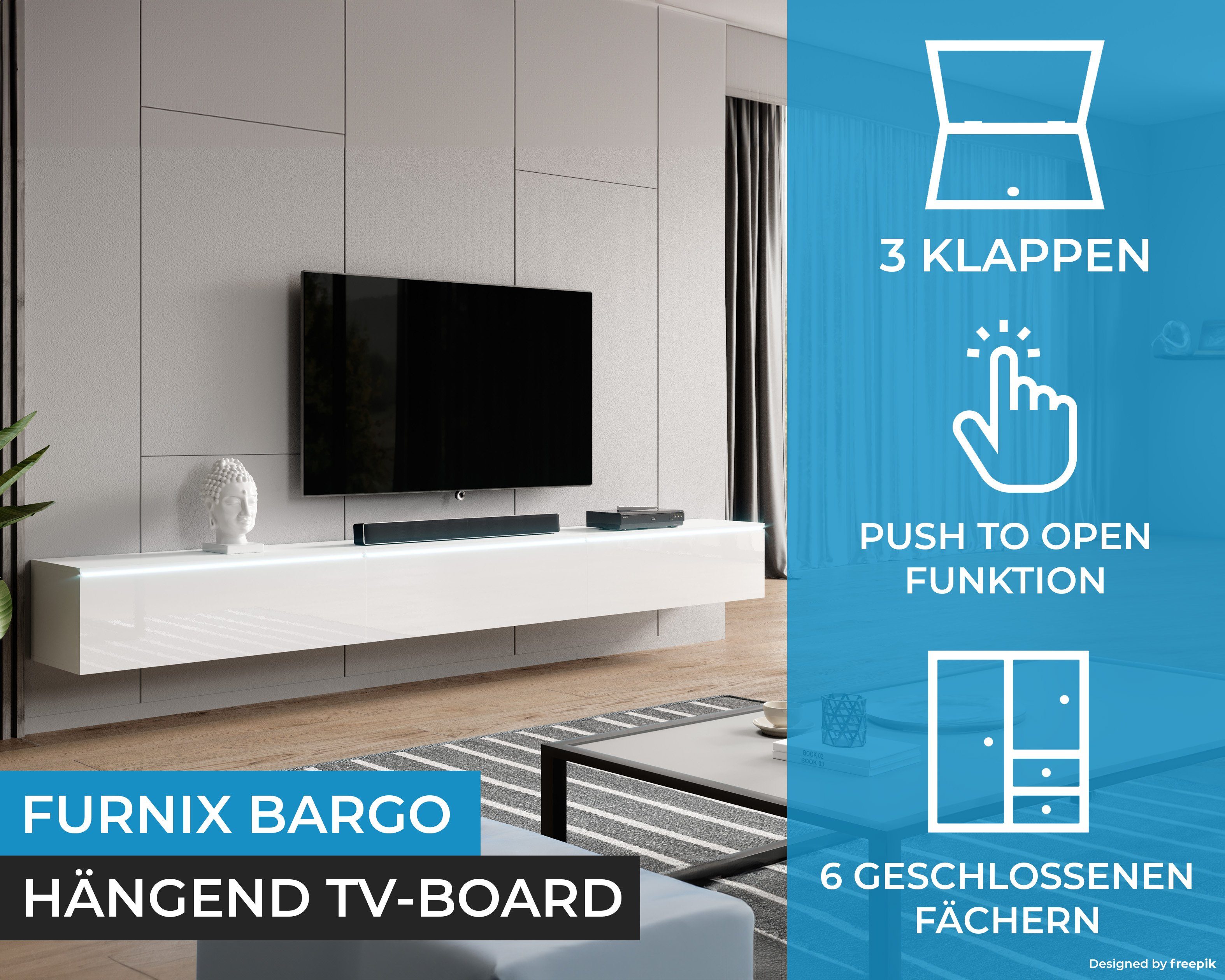 Furnix Sideboard BARGO Lowboard hängend TV-Board B300 x H34 x T32 cm, geräumig mit 6 Fächern