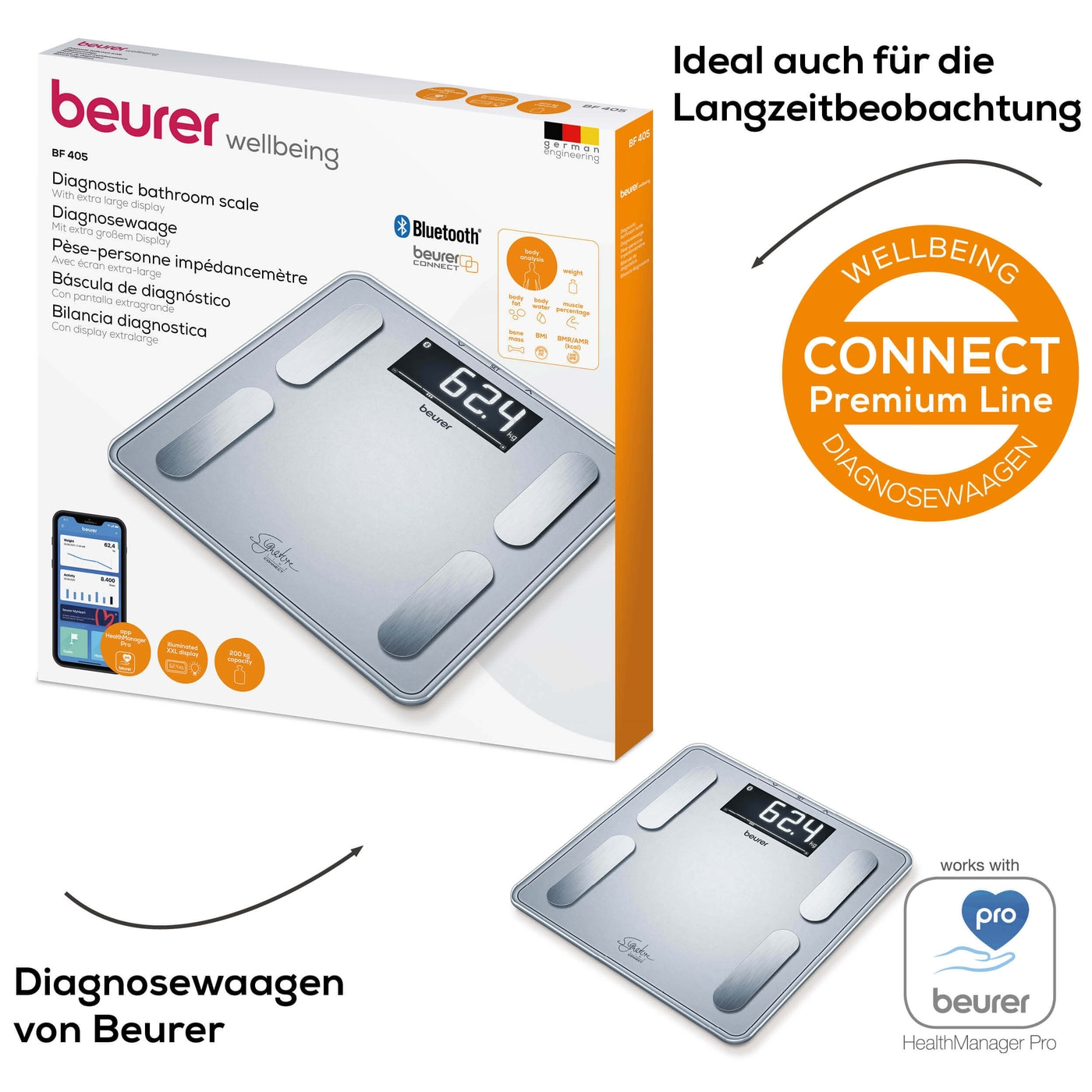 Beurer Diagnosewaage BF 405 Signature Line-Körperfettwaage mit Ganzkörperanalyse, Interpretation der Messwerte & App-Anbindung - bis 200 kg