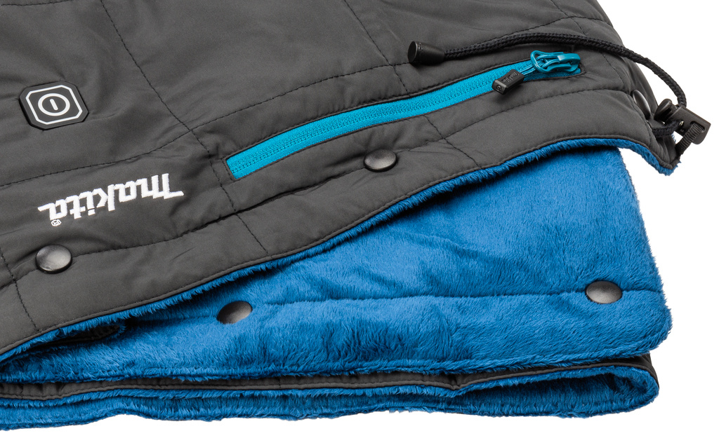 Couverture chauffante Makita CB100DANL1 noire (piles et chargeur non inclus), avec adaptateur LXT, câble d'extension et sac de rangement.