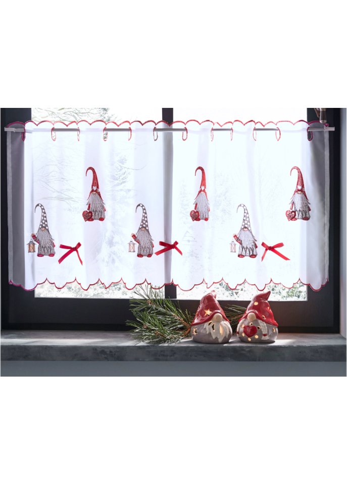 Scheibengardine mit weihnachtlicher Stickerei