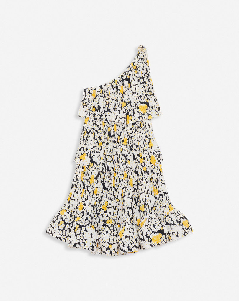 ROBE ASYMÉTRIQUE AVEC VOLANTS EN CHARMEUSE IMPRIMÉE