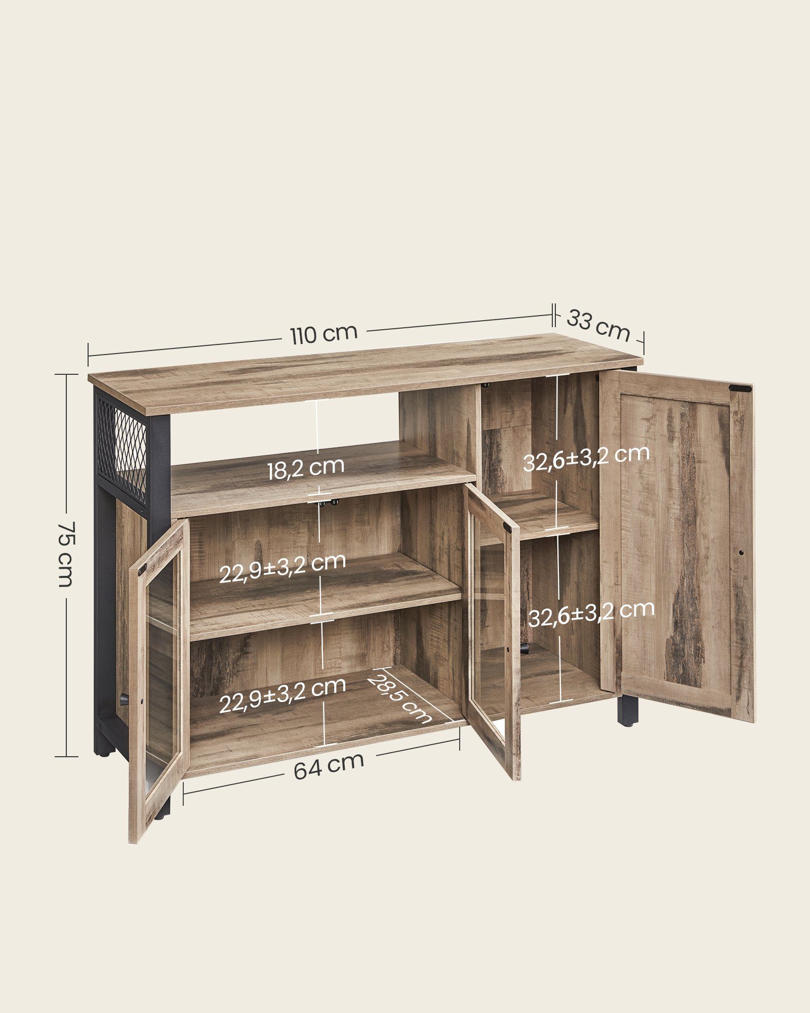 VASAGLE Sideboard Küchenschrank, Kommode, 110 x 33 x 75 cm, mit 3 Türen