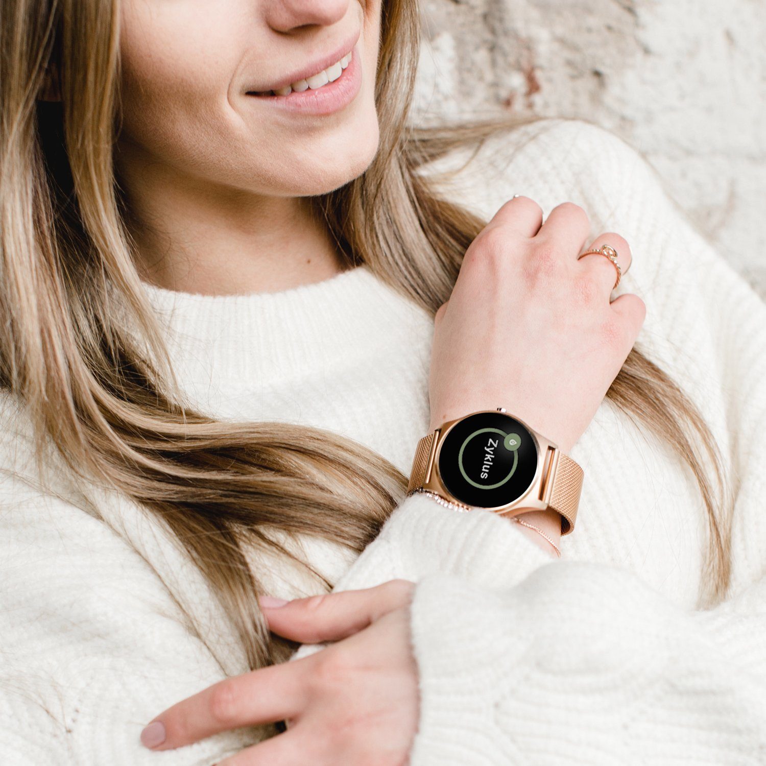 XCOAST JOLI Damen Smartwatch (3,9 cm/1,3 Zoll) Fitness Tracker, neueste Generation, rosegold, 3-tlg., mit goldenem Mesh Armband, IP67 wasserdicht, Herzfrequenz, Blutdruck, Blutsauerstoff, Schlaf