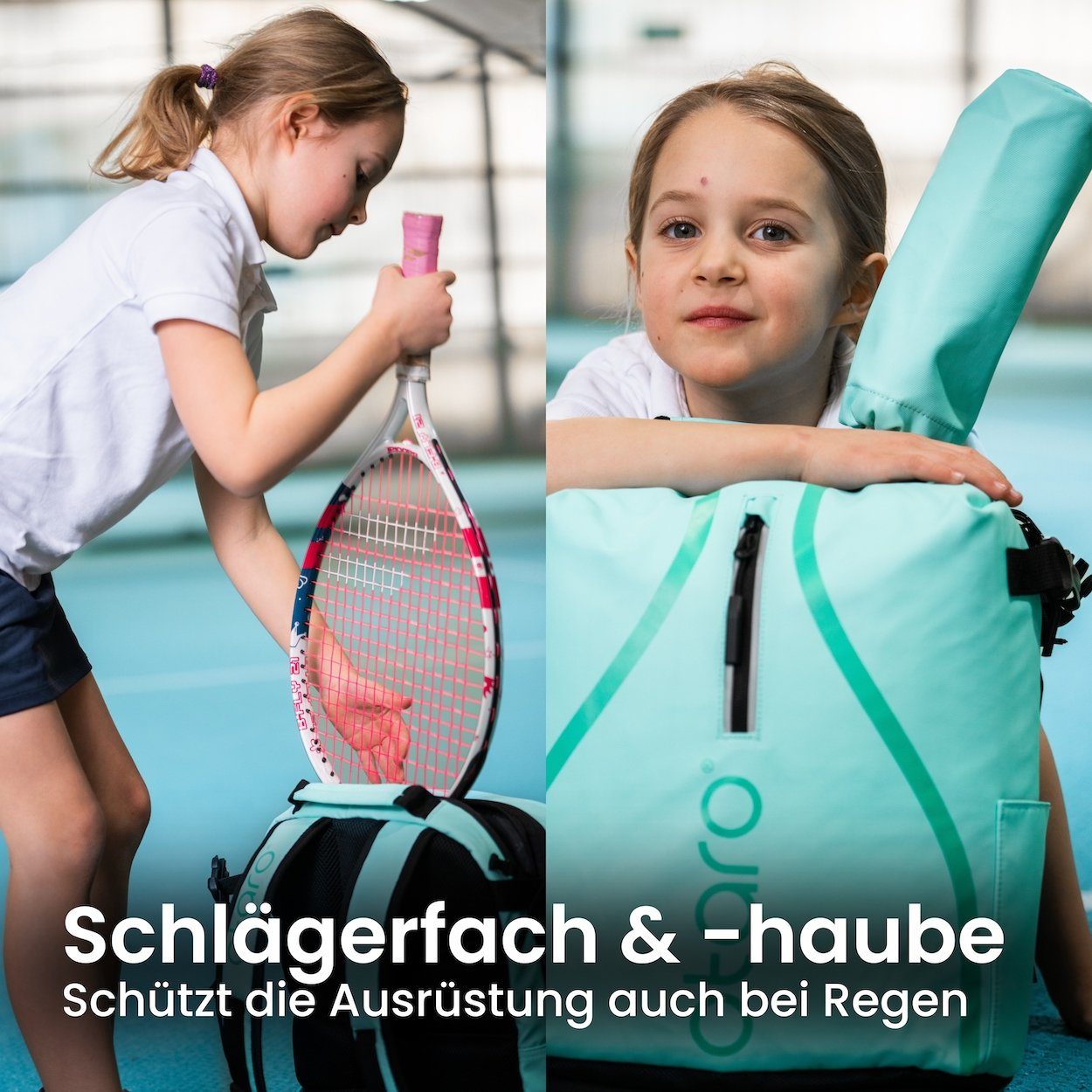 Otaro Tennisrucksack Kinder mit Schuhfach als Sportrucksack Kinder bequeme Polsterung (Wasserabweisende Regenschutzhaube, Für Sport, Schule oder Freizeit), Aus wasserabweisender LKW-Plane