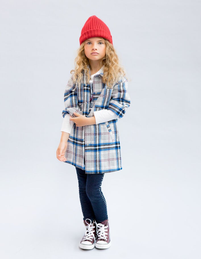 Manteau gris, bleu, noir, écru motif carreaux fille