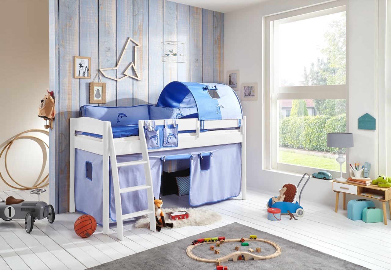 Relita Halbhohes Bett MICHELLE 90x200 cm Buche massiv weiß lackiert, mit Textilset Vorhang, 1-Tunnel, Tasche blau/delfin