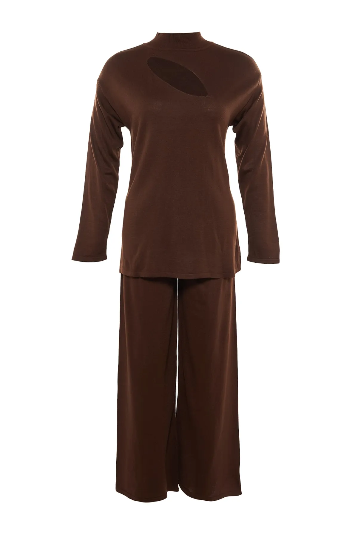 Trendyol Curve  Braunes, detailliertes Strickober- und -unterteil-Set mit Cut-Outs