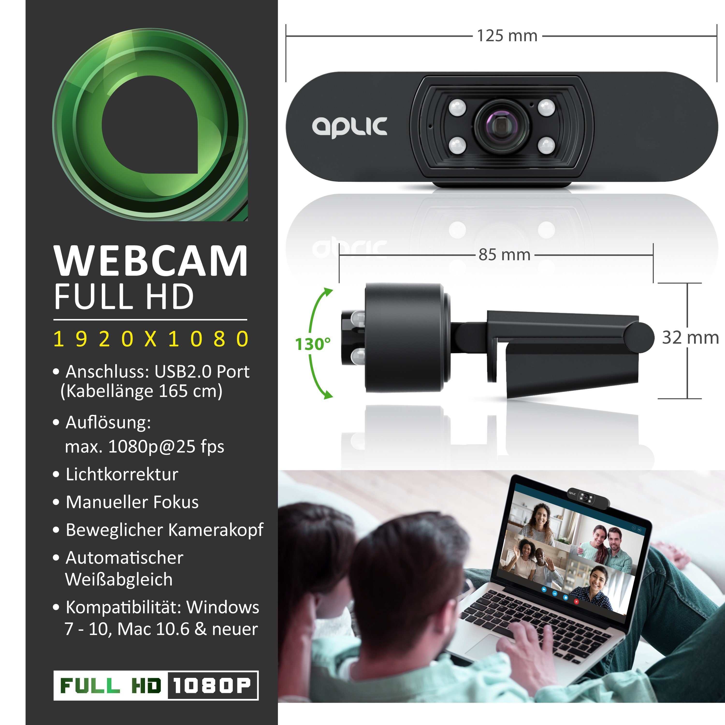 Aplic Full HD-Webcam (Full HD, 1920x1080P @ 25 Hz, 4 Hilfslichter / Szenelicht, 5P Linse, Mikrofon)
