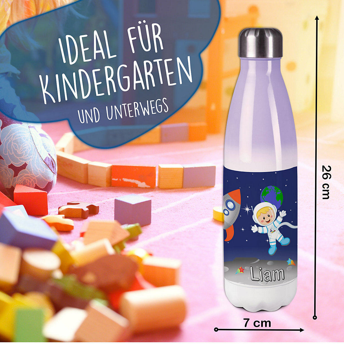Edelstahl Kinder Thermoflasche / Trinkflasche bunt Weltall Spülmaschinenfest, Auslaufsicher, Bruchfest, Doppelwandig, Für Heißgetränke geeignet, Mit Deckel, Isoliert