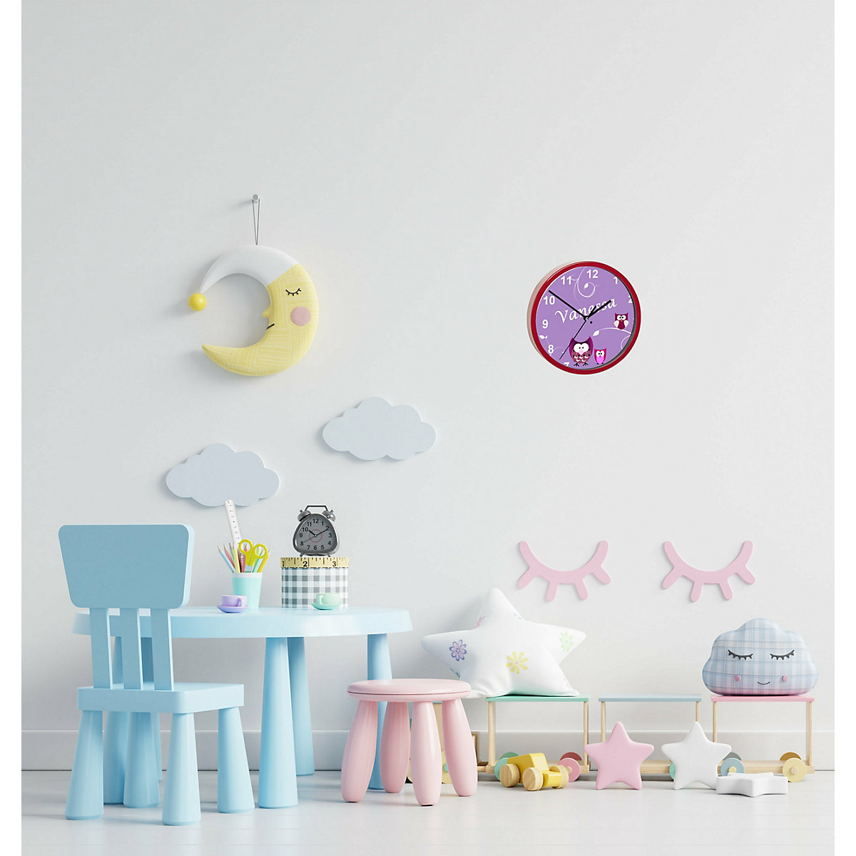Kinder Wanduhr personalisiert mit Name Eule Lila