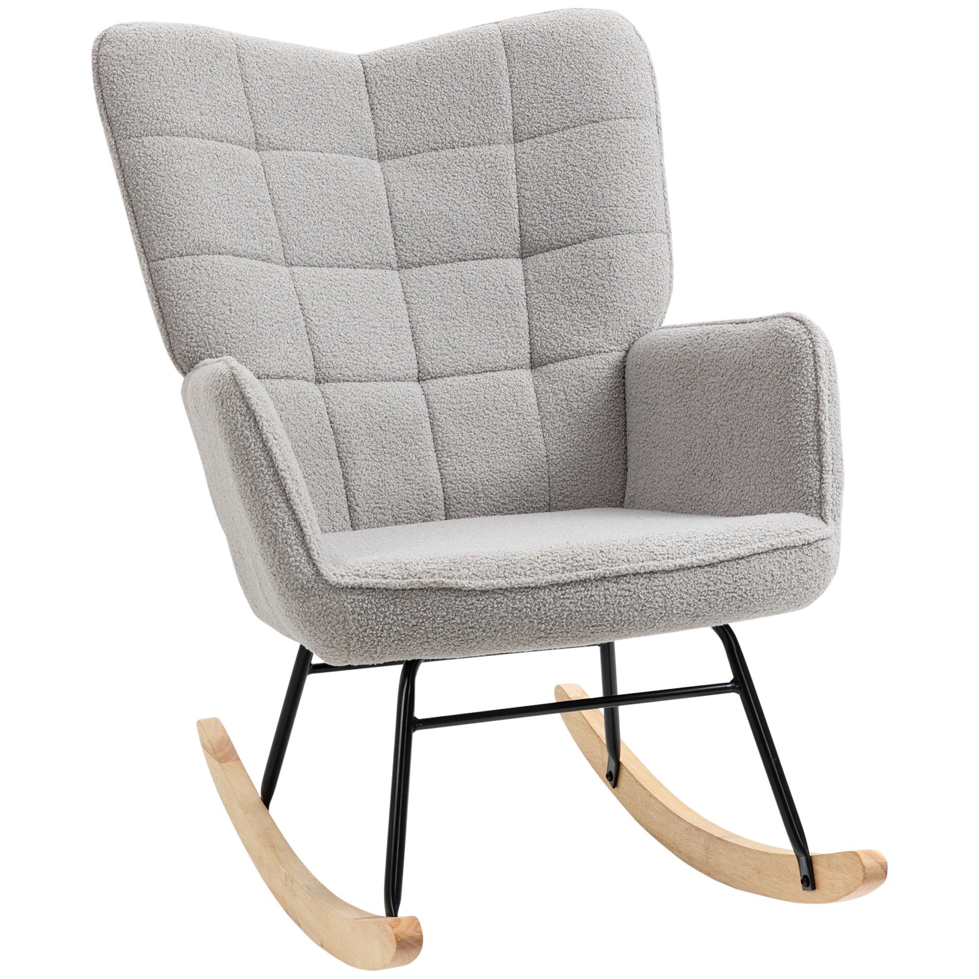 HOMCOM Schaukelstuhl Massivholz, Schwingsessel, 71 cm x 92 cm x 101 cm, Grau (Set, 1 St), Schaukelsessel, bis 120 kg, Berbervlies, Hellgrau