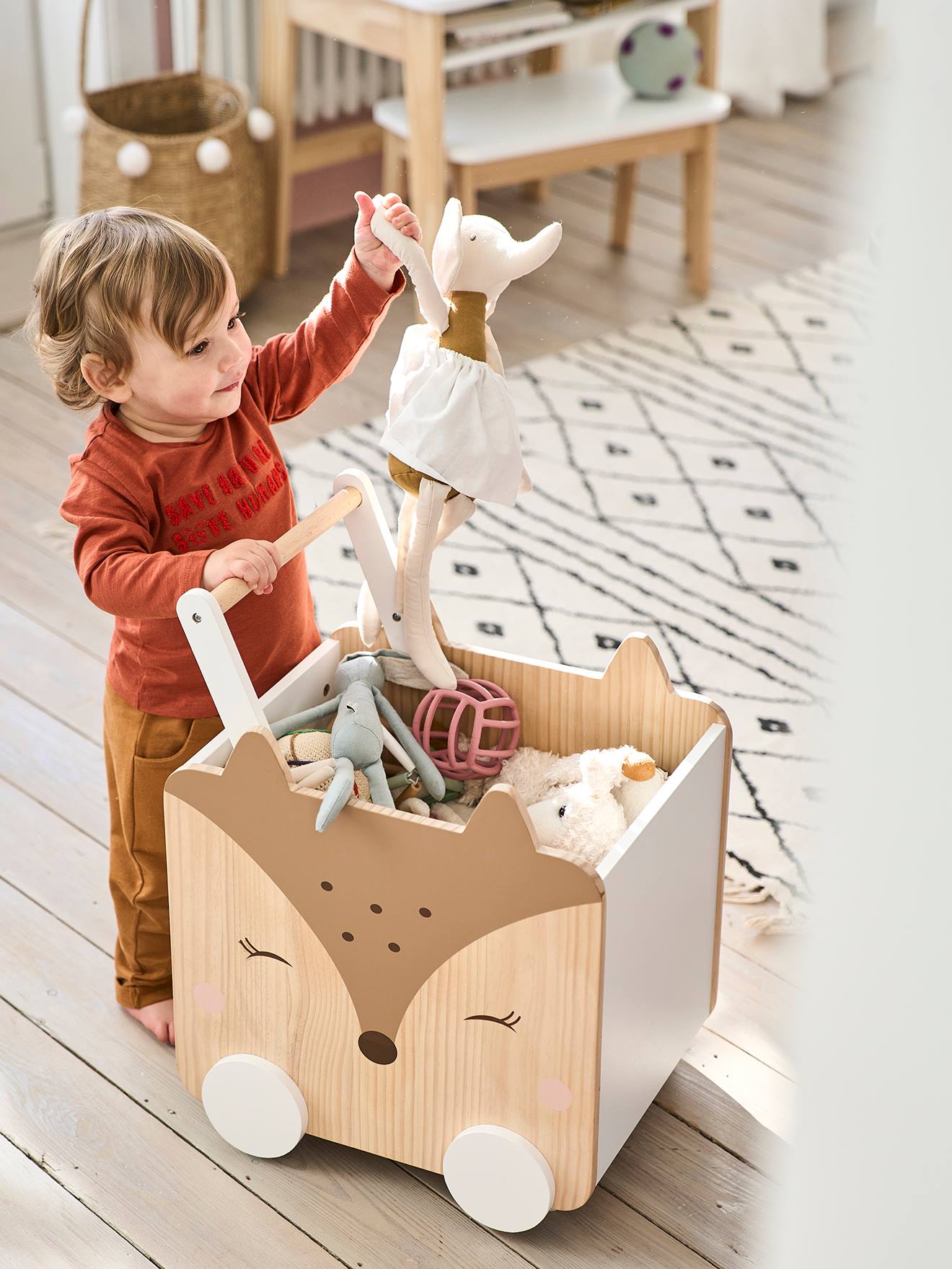 Vertbaudet Fahrbare Kinder Spielzeugkiste REH - weiß/natur