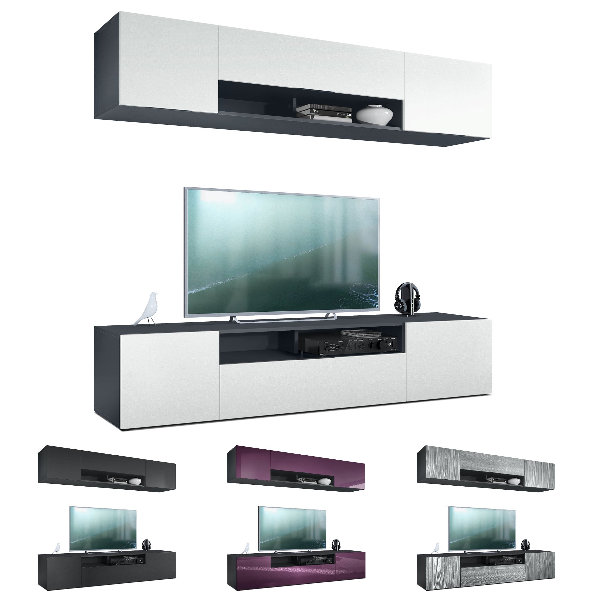 Vladon Wohnwand Mogan, (Anbauwand bestehend aus 2 TV-Boards, 2-St., mit jeweils 2 Türen, 1 Klappe und 1 offenes Fach), Schwarz matt/Sandgrau Hochglanz 2x (181 x 39 x 35 cm)