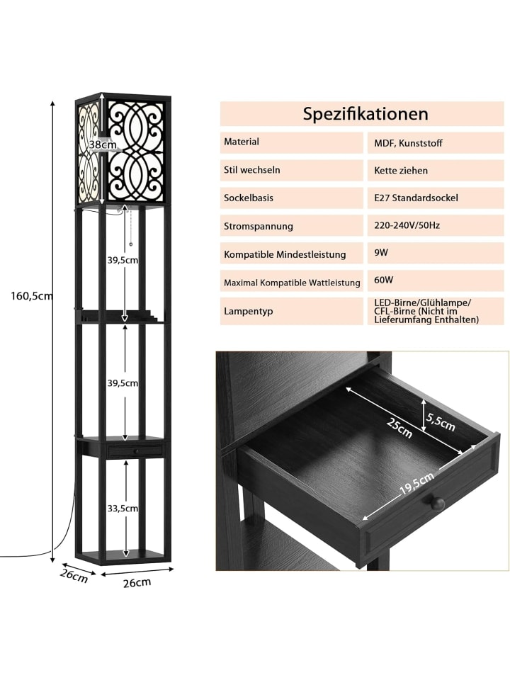 COSTWAY Bodenlampe mit Regal in Schwarz günstig kaufen 160 cm