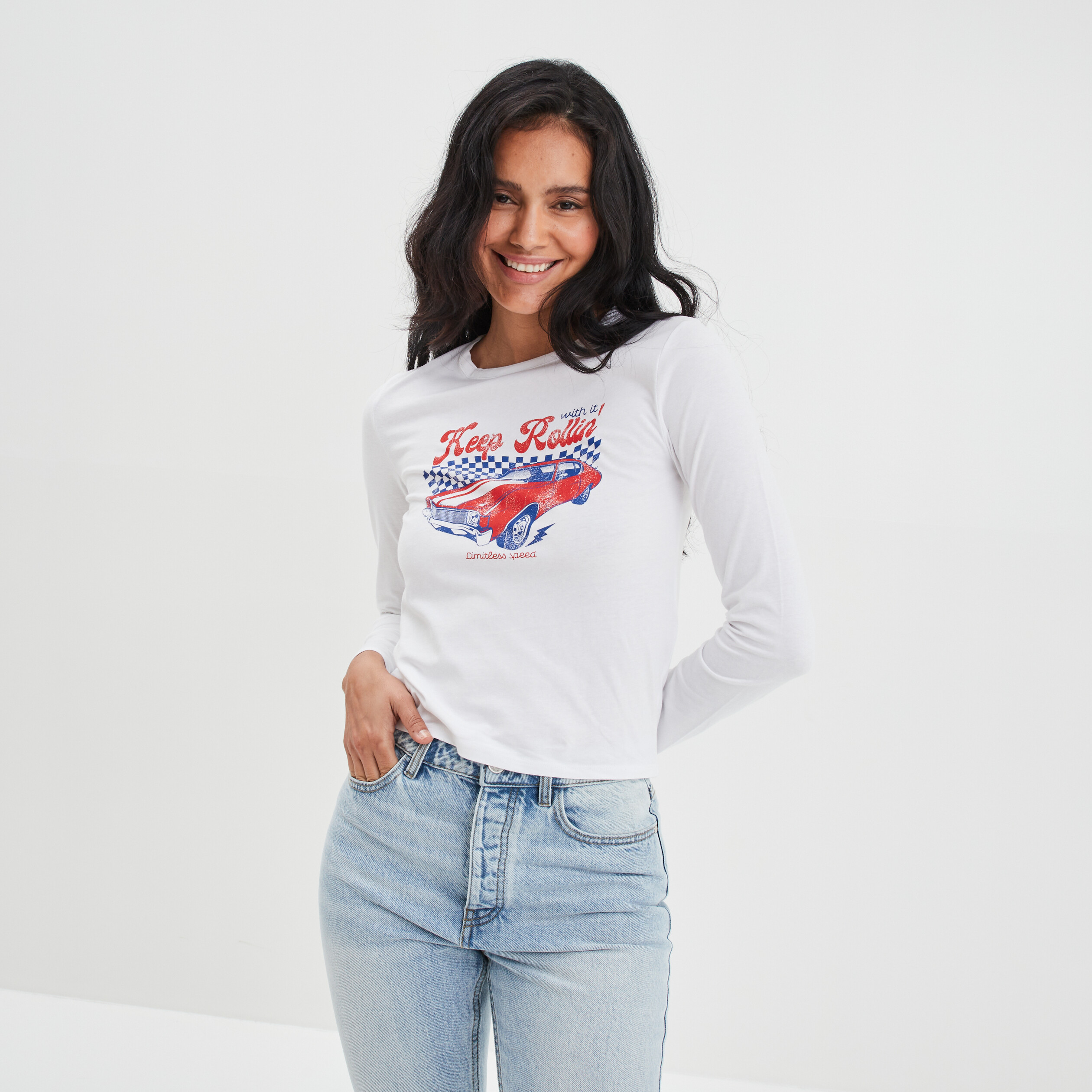 T-shirt ajusté manches longues coton blanc femme | La Halle