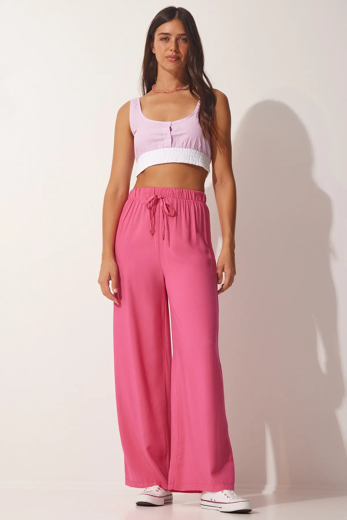 Happiness İstanbul  Rosafarbene Palazzo-Hose aus Baumwollviskose für Damen BV00076