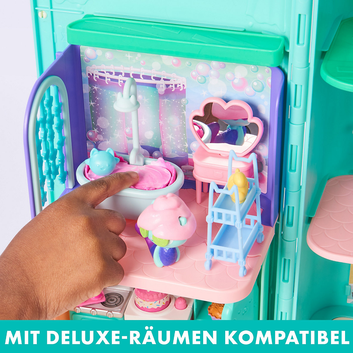 Gabby‘s Dollhouse, Puppenhaus mit 2 Spielzeugfiguren, 8 Möbelstücken, 3 Zubehörteilen, 2 Überraschungsboxen und Geräuschen, geeignet für Kinder ab 3 Jahren