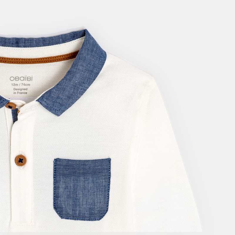 Polo maille piquée broderie chat blanc bébé garçon