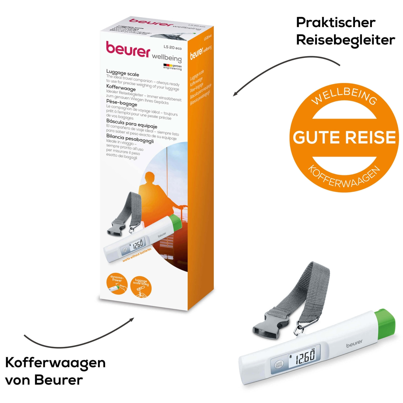 Beurer Kofferwaage LS 20 eco-Batterielose Kofferwaage mit Dynamo-Power & Hold-Funktion - bis 50 kg