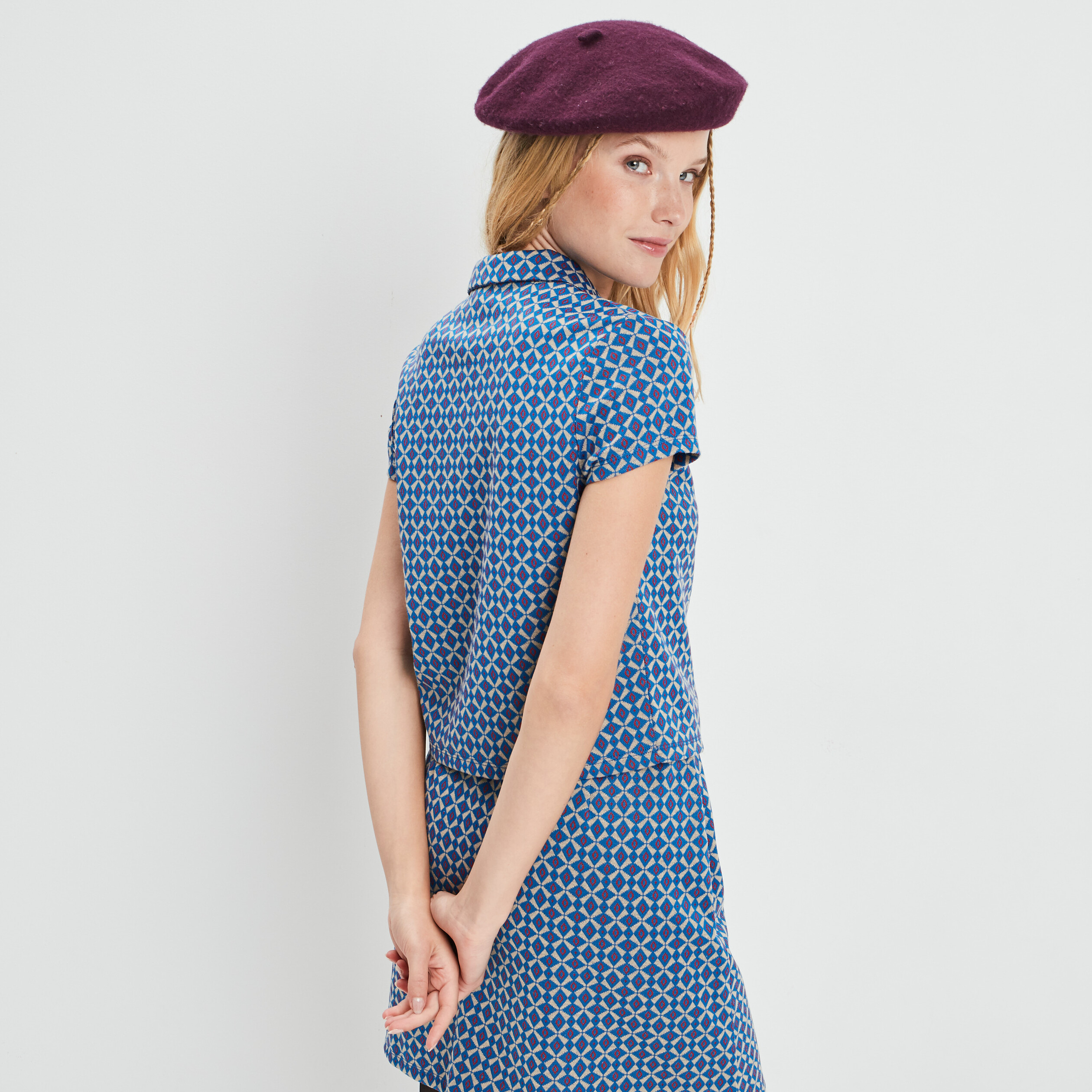 T-shirt cropped jacquard manches courtes bleu femme | La Halle