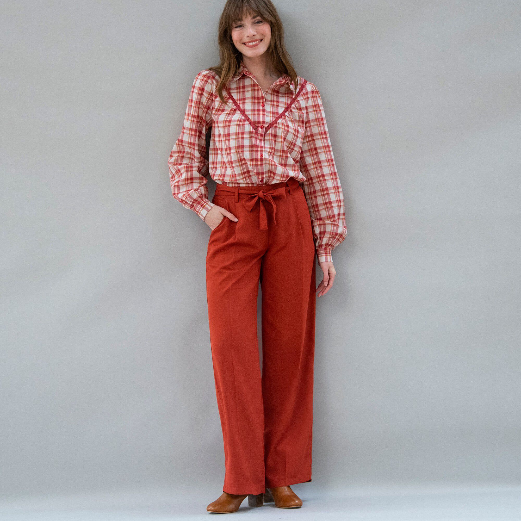 Pantalon large fluide, taille ceinturée, uni