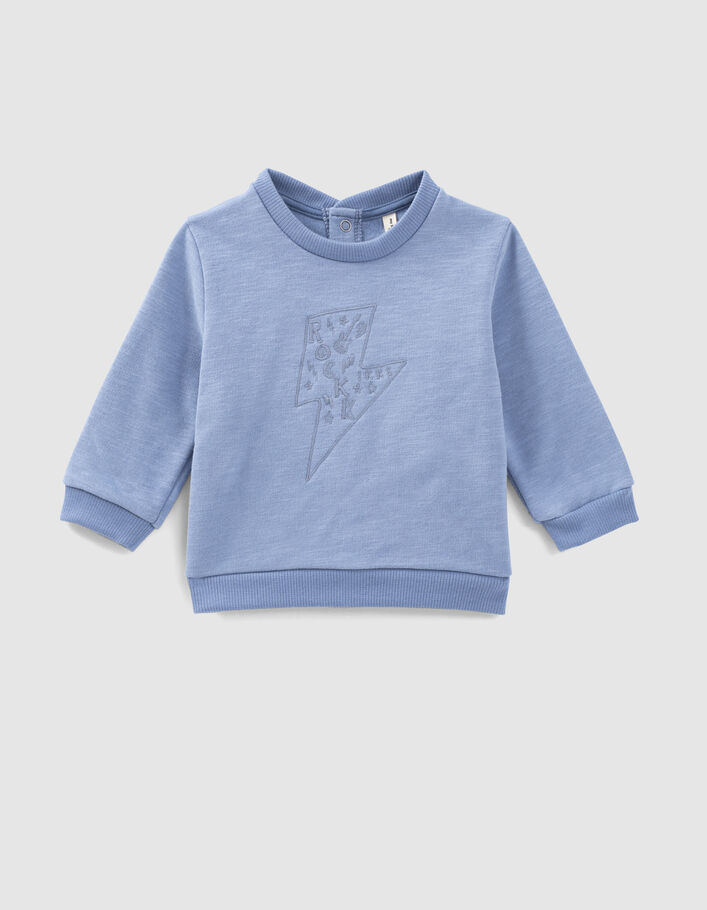 Sweat bleu moyen brodé éclair en molleton bio bébé