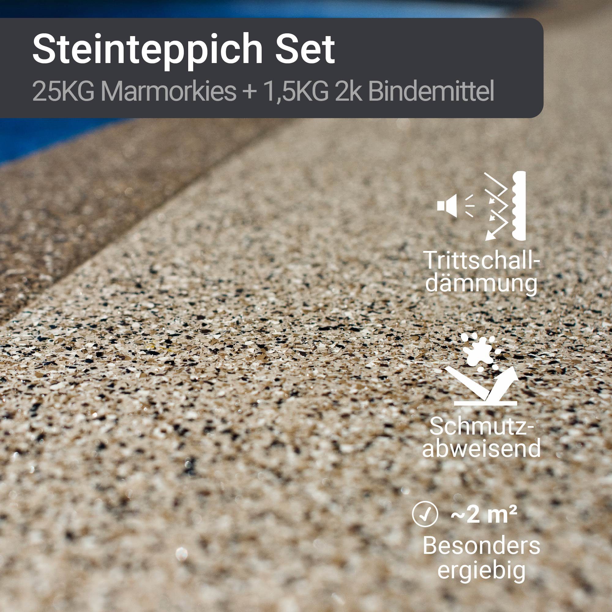WO-WE Korngröße 4-8mm Bodenfliese Steinteppich Set Marmorkies Bodenbeschichtung W730 2qm, Weiß - Bianco Carrara, Set, 25KG Marmorkies + 1,5KG 2k Bindemittel