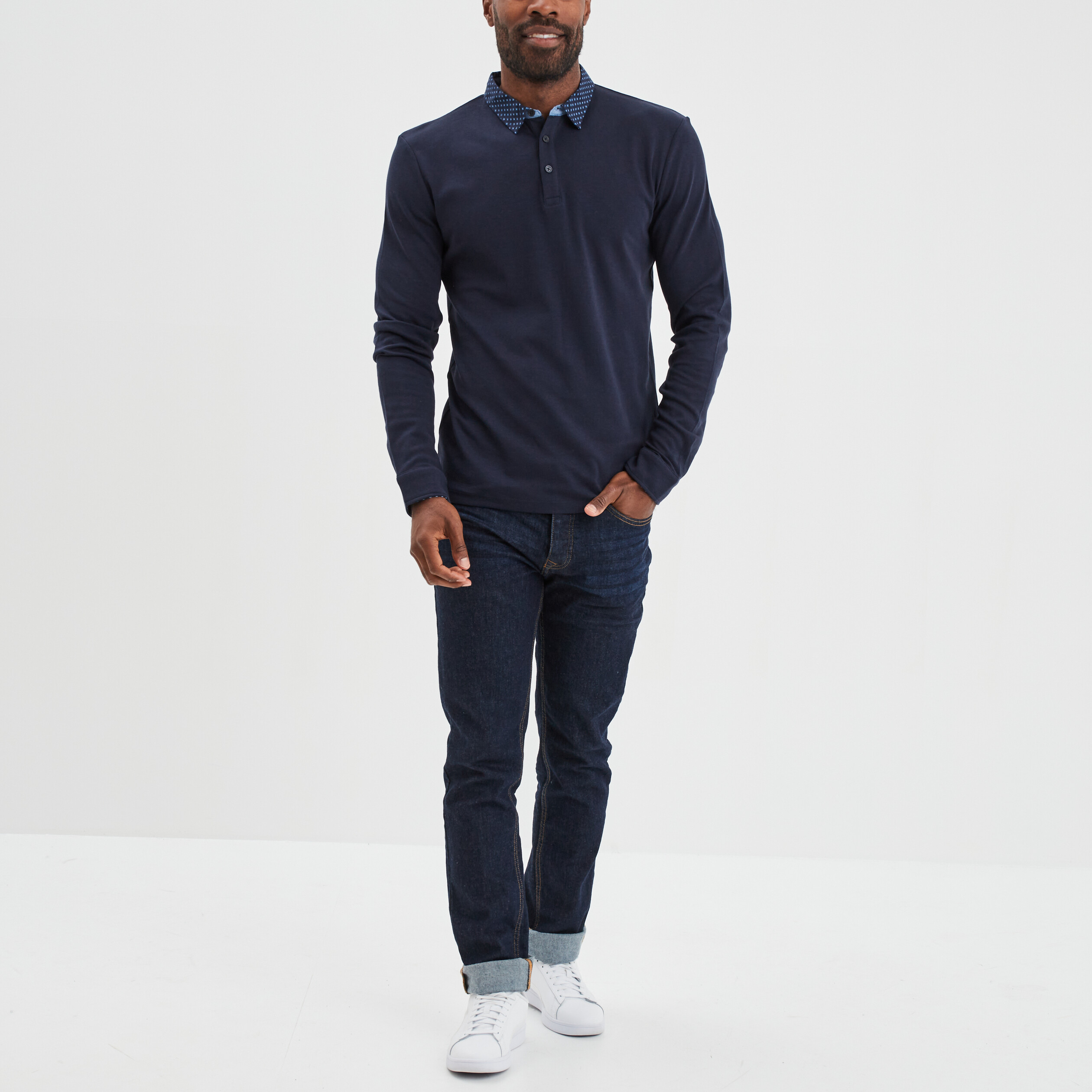 Polo manches longues coton bleu marine homme | La Halle