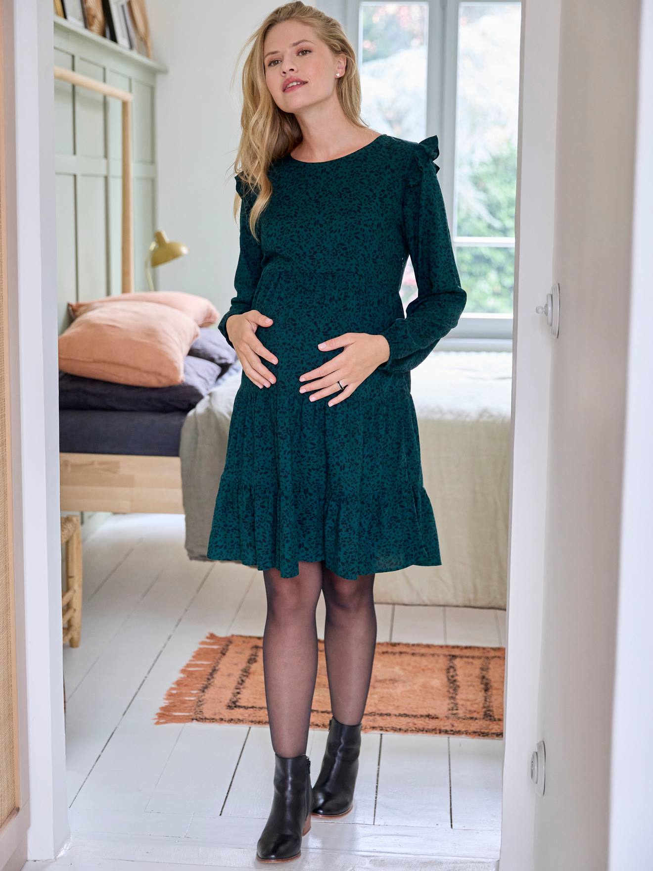 Vertbaudet Volantkleid für Schwangerschaft & Stillzeit - tannengrün